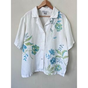 Dressbarn Woman Linen Floral Embroidered Shirt White Blue Green Plus 18W
